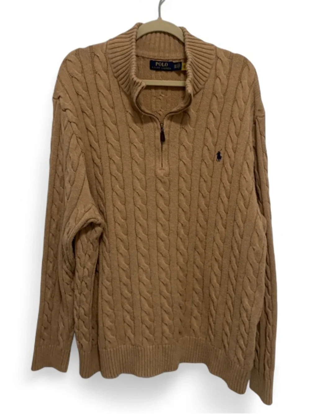 Polo by Ralph Lauren Men's Camel Cable Zip Neck Cotton Sweater